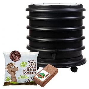 WORMbox | Lombricomposteur 3 Plateaux Noir + 500gr de vers de Compost + 1 Bloc Coco | 48 litres | Compostez Vos déchets organiques, Les vers de Terre/lombrics produisent du lombricompost (Ferme du Moutta, neuf)