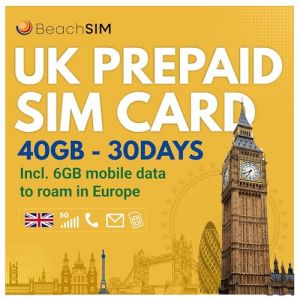 BeachSIM Carte SIM pr&eacute;pay&eacute;e au Royaume-Uni. 40 GB Inclus. Fonctionne dans Plus de 70 Pays. Compl&egrave;tement Anonyme. Num&eacute;ro Britannique Inclus. (BeachSIM, neuf)