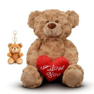JhavexToy Ours Peluche Brun Flou (30cm) avec C&oelig;ur Rouge I Love You & Porte-cl&eacute;s Mini Ours &ndash; Accessoire Doux pour la Maison, Cadeau Perfect pour M&egrave;re, Amie &agrave; l&rsquo;Anniversaire ou Saint-Valentin (WanZaiXianGangYuJianZhuYouXianGongSi, neuf)