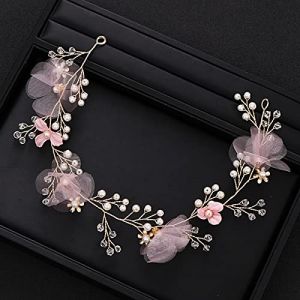 Coiffes de mariage Accessoires de cheveux de fleur rose de mariage faits à la main Bandeau de cheveux de perle de cristal Bandeau de cheveux féminin Accessoires de cheveux de mariée dorés Cadeau (foshanjiningpingshangmaoyouxiangongsi, neuf)