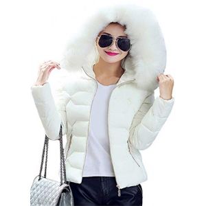 EFOFEI Femme Manteau Matelass&eacute; d'hiver Mi-Longue Parka &Agrave; Capuche Doudoune de Fourrure Fausse Poche zipp&eacute;e White XS (MILKCHOCLAT, neuf)