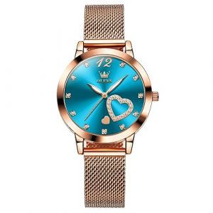 OLEVS Montre Ultra Fine pour Femme - Bracelet en Maille d'acier Inoxydable - Montre &agrave; Quartz &eacute;tanche pour Femme - Montre avec Date, Cadran Bleu 5189/bracelet en Or Rose, Standard (XQIYIUK, neuf)