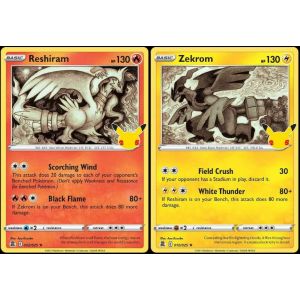 Zekrom & Reshiram &ndash; Lot de cartes de c&eacute;l&eacute;bration Pokemon &ndash; Feuille holographique l&eacute;gendaire &ndash; 002/025 et 010/030 (Movemant, neuf)