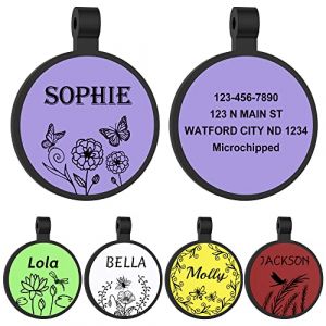 Medaille Chien avec Gravure - GISUREY Silicone Médaille Chien Gravée - Medaille pour Chien et Chat - Silencieux et Étanche Médaille Chien avec Gravure Double Face (R - Flore) (Gisurey Pet Tag, neuf)