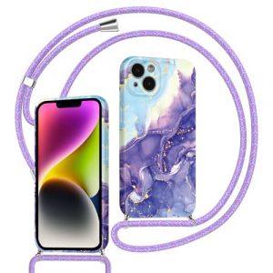Saqmkil Coque avec Cordon pour iPhone 15 6,1", Aesthetic Marbre Motif &Eacute;tui Filles Dessin Case avec Collier Laniere Tour de Cou Corde R&eacute;glable, Mince Silicone TPU Bumper Antichoc Housse Cover, Violet (HEILALA VANILLA, neuf)
