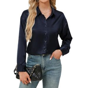 Stamain Chemisier pour Femmes Manches Longues Chemise &agrave; col en V La Soie &Eacute;l&eacute;gante Casual Satin Tops Chemisier uni Travail &agrave; Boutons sur Le Devant Top de Soir&eacute;e Business Bleu Marine 2XL (ELOOKEUR, neuf)