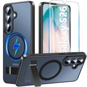 RC1WD Coque Samsung Galaxy S26 Magn&eacute;tique avec Support Int&eacute;gr&eacute;, Coque Samsung S26 Verre Tremp&eacute; Inclus, Coque S26 Compatible avec MagSafe, Certification Militaire Anti-Choc pour S26 6.3", Noir Mat (HSHSAMZ, neuf)