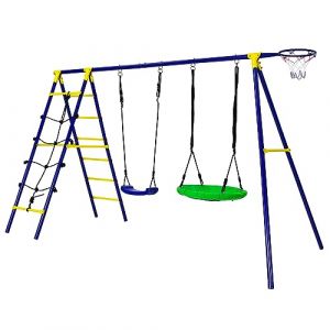 GOPLUS 5 en 1 Balançoire Extérieur avec Portique et Balançoire,Hauteur Réglable, avec Filet d'escalade, Échelle, Panier de Basket-Ball,Aire de Jeux Extérieur pour Cour Arrière,Parc,Charge 75kg (Augenstern24, neuf)