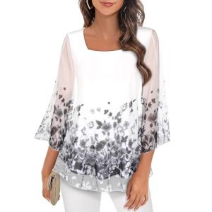 Syphiby Chemisier à volants à manches 3/4 pour femme, ample et fluide en mousseline de soie, double couche, tailles M-3XL, Motif floral blanc., XXL (dingshumindamai, neuf)
