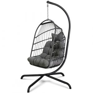 Chaise en Forme d'œuf avec Support et Coussin Ultra Solides Chaise Suspendue Pliable en Osier et rotin Chaise balançoire Intérieur extérieur Patio Chaise Longue Hamac Chaise capacité 330 lbs Balcon (Tokeda, neuf)