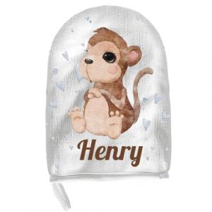 Gant de Bain Bébé Personnalisé avec Nom | Choix de Motifs Animaux | Microfibre & Coton | avec Boucle de Suspension | Fabriqué dans l'UE (Singe) (PersonaliseDog, neuf)