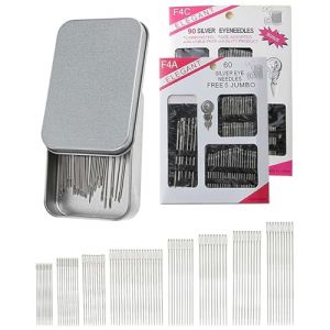 FUGLUS Ensemble de 150 aiguilles &agrave; coudre &agrave; gros chas, deux tailles, pour le travail du cuir. Comprend 2 enfile-aiguilles et 1 bo&icirc;te de rangement en m&eacute;tal Id&eacute;al pour le tricot,la broderie, la couture (BOOKING PRICELESS, neuf)