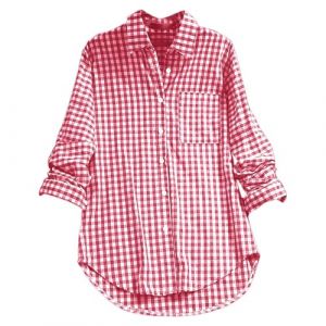 Chemise traditionnelle &agrave; carreaux pour femme - Chemise &agrave; carreaux rouge et blanche en coton et lin pour Oktoberfest, grandes tailles, chemisier traditionnel avec boutons, tuniques &agrave; col chemise, 1 (⭐⭐⭐⭐⭐GuoWeiJin, neuf)