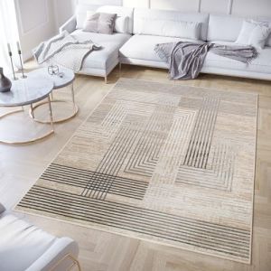 TAPISO Crystal Tapis Poils Courts Moderne Gris Blanc Beige Motif Lignes Effet 3D Brillant Doux Tapis Salon Chambre Adulte Salle &agrave; Manger Oeko-TEX 300 x 400 cm (TAPISO-FR, neuf)