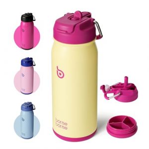 Bottle Bottle Bouteille d'eau isotherme en acier inoxydable pour enfants de 470 ml avec paille et porte-pilules pour cadeaux et école (jaune milkshake) (bottlebottle Inc, neuf)