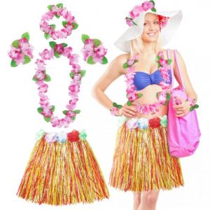 Aomig Jupe Hawaïenne, 40/60cm Set de Jupe Hawaïenne en Paille avec Collier de Fleurs, Costume Hawaïen, Jupe de Hula, Décoration de Fête d'été Plage, Accessoire de Fête Tropicale Luau (Yadark, neuf)