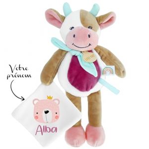KDO MAGIC - Doudou personnalisé - Personnalisable avec Un prénom - Peluche personnalisée - Cadeau Naissance, garçon, Fille, bébé, Anniversaire (Ours Rose, Vache) (KDO-MAGIC, neuf)