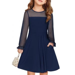 Haloumoning Robes Filles Robe de Princesse Festive Enfants Maille Contrast&eacute;e Manches Longues Bouffantes Robes d'&Eacute;t&eacute; &Eacute;l&eacute;gantes Ligne A Col Rond Robe de F&ecirc;te avec Poches pour 6-14 Ans, bleu marine, 7-8 (Zecio, neuf)