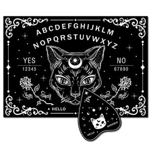 CREATCABIN Black Cat Wood Spirit Board Talking Ouija Boards Pendule Board Bois avec Planchette Dowsing Divination Game Kit Spirit Hunt Metaphysical Message Decor Witch Stuff for Wicca 11.8x8.3 inch (CREATCABIN FR, neuf)