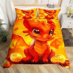 Homewish Housse de Couette 220x240 Dragons Cadeau pour Enfants Gar&ccedil;ons Filles, Parure de Lit Dragon de Dessin Anim&eacute;, Sets de Housses de Couettes Animaux de La Jungle, Couvre Lit Pi&egrave;ces d'or (Suzhou yiyanyun e-commerce Co., Ltd, neuf)