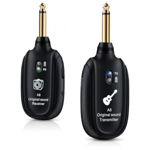 Système de guitare sans fil A8-2 UHF Audio Émetteur récepteur sans fil pour guitare acoustique, basse, violon, clavier, instrument électrique, 2 modes, batterie rechargeable intégrée (1TX + 1RX) (HAPPY SOULMATE, neuf)