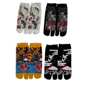 Lot de 4 paires de chaussettes japonaises en coton &agrave; bout fendu, style kimono, sandales, tabi, ninja, geta, geisha, pour homme (A-06) (Fancy Pumpkin, neuf)