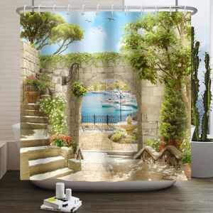 SDOTPMT 180x198cm Rideau de Douche Arc de Jardin Feuille Verte Vue sur la mer Rideau de Douche Impression 3D Femme Salle de Bain Rideau de Douche décoration Durable avec Crochet Lavable (SDOTPMT, neuf)