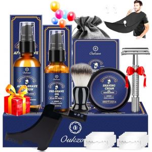 Kit Soins Barbe Homm, Coffret Cadeau Rasage Homme Complet -Produit Barbe Professionnel avec Huile Barbe, Mousse a Raser, Apres Rasage, Rasoir de Sureté, Blaireau Rasage, Peigne Pochoir, Bavoir, Lames (Oukzon, neuf)