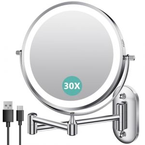 Auxmir 8 Pouces Miroir Grossissant Lumineux Mural x30, Miroir Grossissant Mural avec 3 Modes de Couleur, 1X/30X Grossissement Charge USB, Écran Tactile, 360° Pivotant et Extensible pour Salles de Bain (Auxmir Direct, neuf)