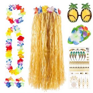 Costume Hawaïen Femmes Jupe Hula Herbe Déguisement Guirlande Collier Bracelet Elastique Pince Cheveux Bandeau Fleurs Lunettes Ananas Tatouage Décoration Tropicale Fête Eté Luau Plage Carnaval (SaEnkeji, neuf)