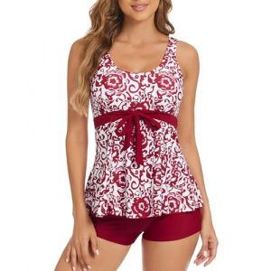 Genfien Maillot de Bain Femme Tankini Push Up Rembourré Tankini Ensembles Swimsuit avec Boyshort Beachwear Maillot de Plage Swimsuit - Burgundy Camouflage - XL (Genfien-FR, neuf)