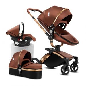 Reenborn Cuir PU Poussette 3 en 1, Poussette Bebe avec Siège Réglable Rotation à 360°, Pousette avec Cadre Aluminium Haute Paysage, Pousette 3 en 1 avec Conception Pliable en Un Clic (906 Brown) (huangzhongguig, neuf)