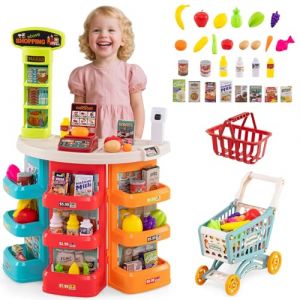 HOMASIS Supermarch&eacute; avec chariot de courses et 29 accessoires, magasin avec lumi&egrave;re et son, magasin de marchands avec caisse, balance et scanner, stand de vente, magasin de supermarch&eacute;, kit de jeu (Homasis, neuf)