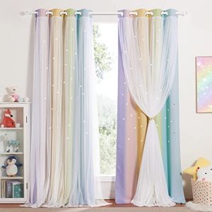 NICETOWN Rideaux Occultants Thermique - Blanc Voilage Rideaux Arc-en-Ciel d'étoile Perforées Decoration Draperies Lumineux Bloquer pour Enfant, L 132 x H 240 cm, Coloré, 2 Panneaux (RYB HOME EU, neuf)