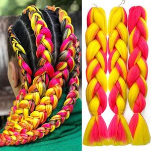 PORSMEER Extensions de Cheveux Synthétiques pour Tressage - Texture Yaki Facile à tresser,Lot de 3 Meches pour Tresses Africaine pré-étirée-61 cm-Couleurs Jaune/Rose rouge (VivoCity, neuf)