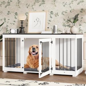 Cage pour Chien d'Intérieur - Niche avec Porte et Coussin - Pour Grands, Moyens et Petits Chiens - MDF + Fer - 136 x 70 x 56 cm - Blanc (HUPO, neuf)
