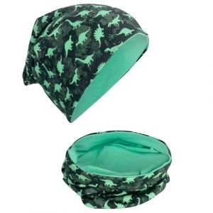 HECKBO Bonnet & Snood Enfant &ndash; Motif Dino &ndash; Bonnet r&eacute;versible &ndash; 2&ndash;8 ans &ndash; M&eacute;lange coton &ndash; Compatible casque de v&eacute;lo (48&ndash;54 cm) (HECKBO Germany GmbH, neuf)