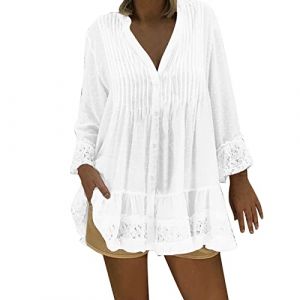 Chemise Femme t-Shirts à Manches Courtes Femme Chemisier Blanc Femme Tee Shirt Femme Manche Longue Tunique Femme habillée pour Mariage Boheme Femme Top Style Corset Blouse Chemisier Femme (xinmubaihuo, neuf)