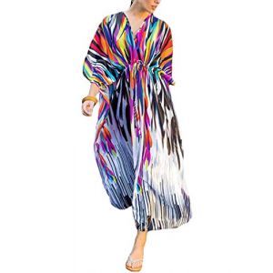 Bsubseach Grande Taille Djellaba Femme Manches Chauve-souris Couvrir Robe de Plage Caftan Cover Up Ethnic Print Kaftan Beach Maxi Robe Africaine Boubou Africain Gandoura Pareo (Bsubseach-EU, neuf)