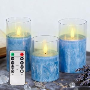 Bougie LED Flamme Vacillante,Lot De 3 Bougies A Piles En Verre Avec Télécommande Et Minuterie,Bougies Sans Flamme,Bougies LED Sans Flamme Pour Décoration Et Détente(Bleu) (CANZHOUH, neuf)
