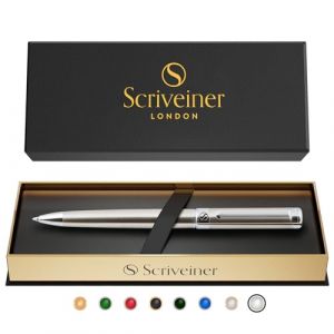 Scriveiner Stylo Bille en Acier Inoxydable - Superbe stylo de luxe avec finition en acier inoxydable, recharge noire Schmidt, meilleur coffret cadeau pour homme et femme, professionnel, direction (SCRIVEINER, neuf)