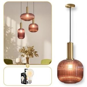 Lumeo creative | Suspension verre fumé Cristali | Lustre vintage pour salle à manger, ilot de cuisine, entree | suspension luminaire salon doré | Suspension vintage (Rouge Brique, B - Poignée Tube) (Lumeo Creative, neuf)