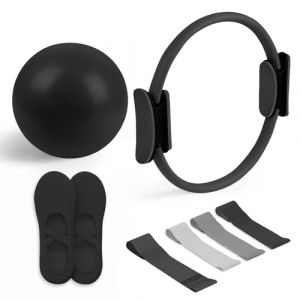 Kit Pilates Essentiel - Accessoires de Fitness Portables - avec Anneau Pilates Tonifiant, Bandes de Résistance Longues, Bandes Pilates Loop, Ballon Pilates Souple et Chaussettes Pilates Grip (Gris) (Doullerli, neuf)