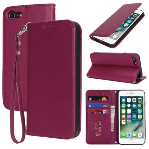 Ｈａｖａｙａ for Coque iPhone 7 avec Porte Carte Flip Coque pour iPhone 8 avec Cordon Court &Eacute;tui iPhone SE(2020/2022) Portefeuille &agrave; Rabat - Rouge fonc&eacute; (HuaJie-Tech, neuf)