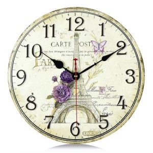 Lafocuse 30cm Horloge Murale Tour Eiffel Vintage Bois, Silencieuse Pendule Murale Floral Retro, Shabby Chic Rond Déco sans Tic-tac pour Salon Chambre Cuisine Bureau (QuareBest, neuf)