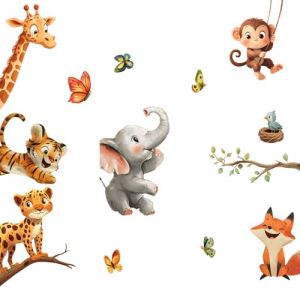 milaosk Stickers Animaux Stickers Muraux Tigre L&eacute;opard Girafe &Eacute;l&eacute;phant Singe Renard Auto-adh&eacute;sif Autocollant Mural Decoration Chambre Bebe Enfant P&eacute;pini&egrave;re Salon (Moxs, neuf)