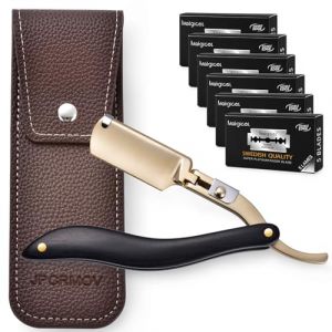 Rasoir Droit Traditionnel Professionnel - Coupe-Choux Classique avec Lames Jetables - Rasoir de Barbier pour Homme avec 30 Lames Double Tranchant en Acier Inoxydable + &Eacute;tui en Cuir (Or) (GoldJinJin, neuf)