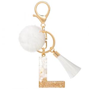 MWOOT Porte Clé L Lettre Peluche Tassel, Résine Initial Or Blanc Keychain Personnalisé, Pendentif Porte Clef Lettre Décoratif, Porte Clef Kawaii Voiture Charm, Idee Cadeau D'Anniversaire pour Femme(L) (vetpw, neuf)