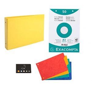 Classeur Pour Fiches + 100 Fiches Bristol A5 Quadrillées Perforées + 4 Intercalaires + 1 Index Adhésif Blumie (Jaune) (Blumie Shop, neuf)