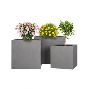 Pflanzwerk® Pot de Fleur Fibre de Verre Cube Jardinière Gris 3er-Set 23cm + 28cm + 34cm *Résistant au Gel* *Protection UV* *Qualité européenne* (Pflanzwerk Deutschland GmbH, neuf)